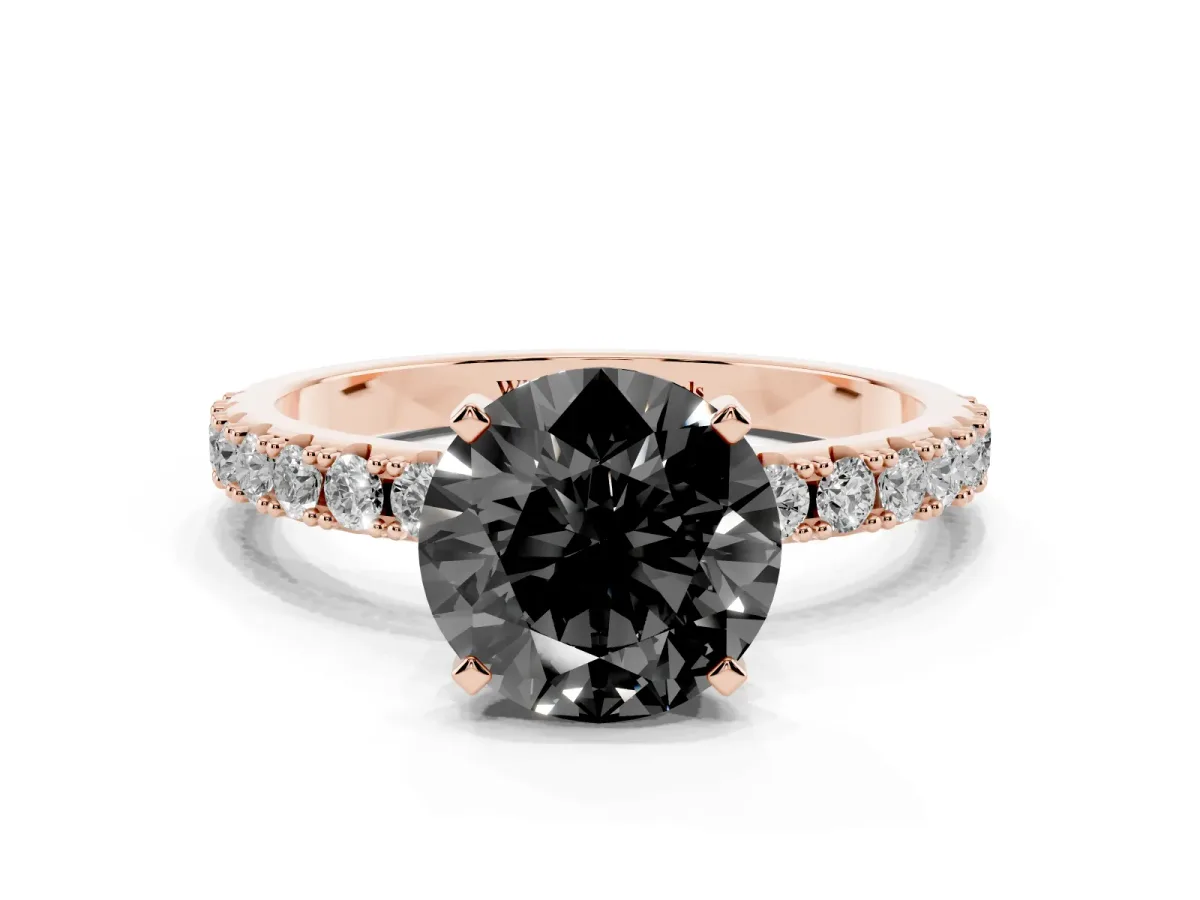 Fancy Black Round Cut Diamond Solitaire Pavé Band with Four-Prong Setting Rose gold