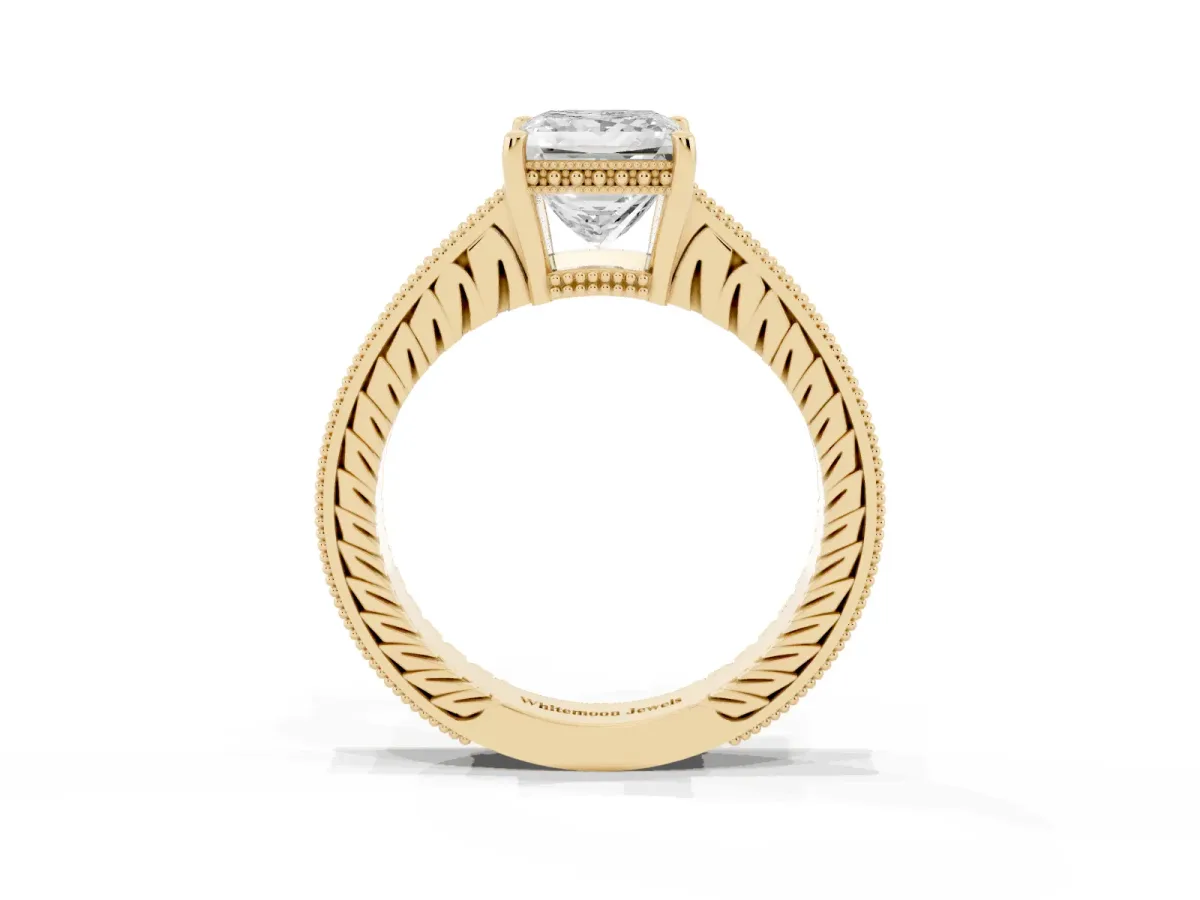 Princess Cut Solitaire Pavé Diamond Milgrain Engagement Ring with Four-Prong Setting Yellow gold