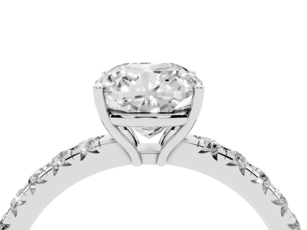 Cushion Cut Diamond Pavé Solitaire Engagement Ring with Four-Prong Setting Platinum