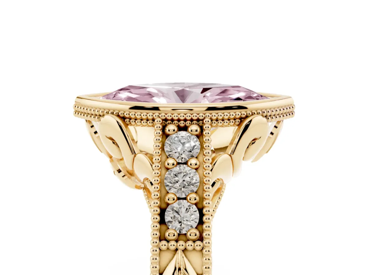 Fancy Pink Bezel Set Marquise Cut Diamond Milgrain Pave Engagement Ring Yellow gold