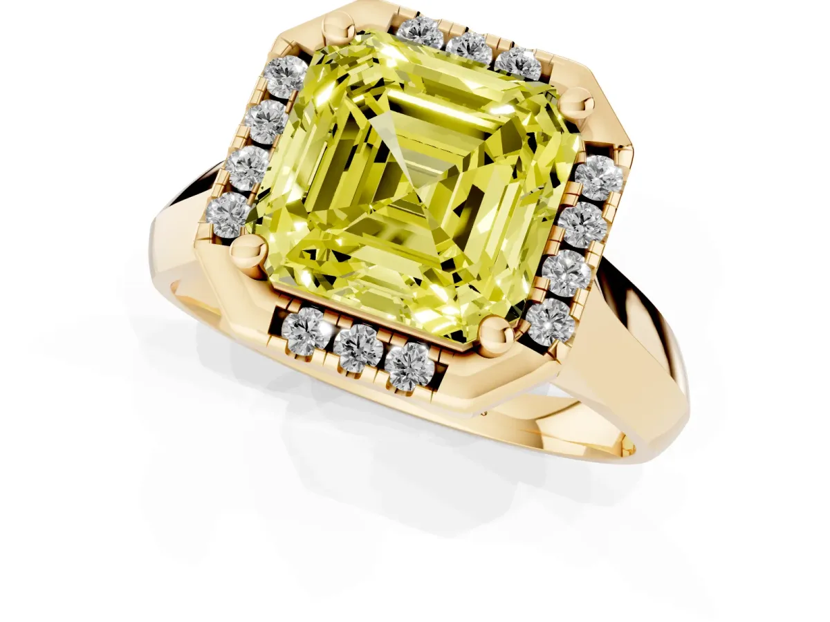 Fancy Yellow Asscher Cut Cut Halo Solitaire Engagement Ring with Square Band and Four-Prong Setting Yellow gold