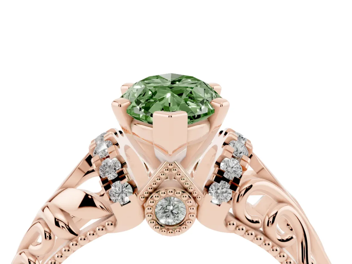 Fancy Green Marquise Cut Solitaire Filigree Engagement Ring with Halo and Prong Setting Rose gold