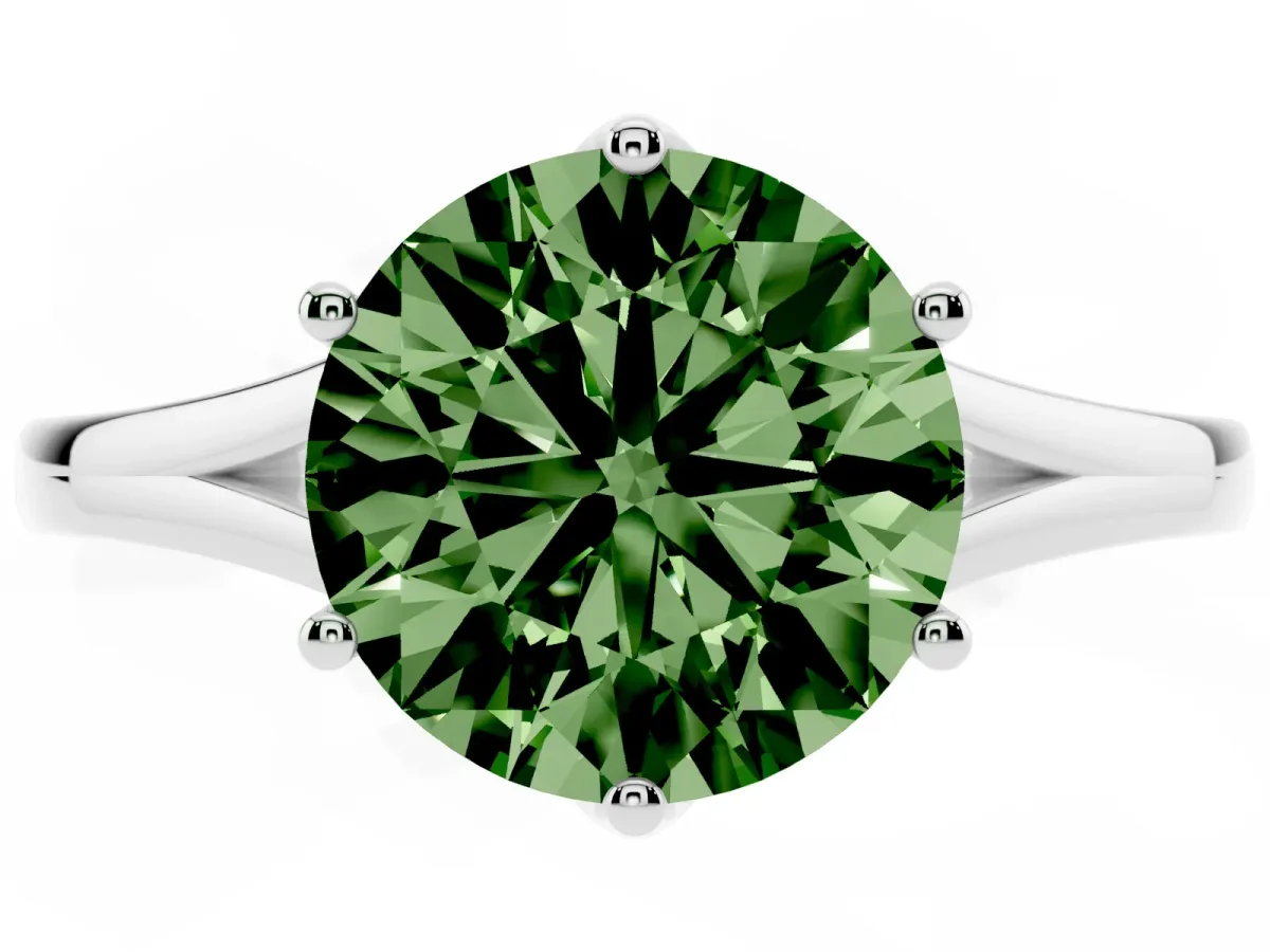 Fancy Green Round Cut Solitaire Diamond Ring with Six-Prong Setting and Tapered Band Silver