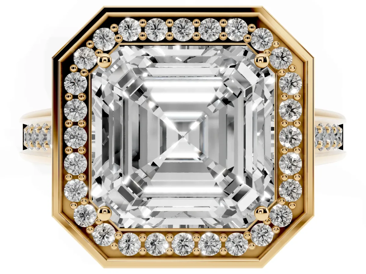 Asscher Cut Halo Solitaire Diamond Ring with Pave Band and Bezel Setting Yellow gold