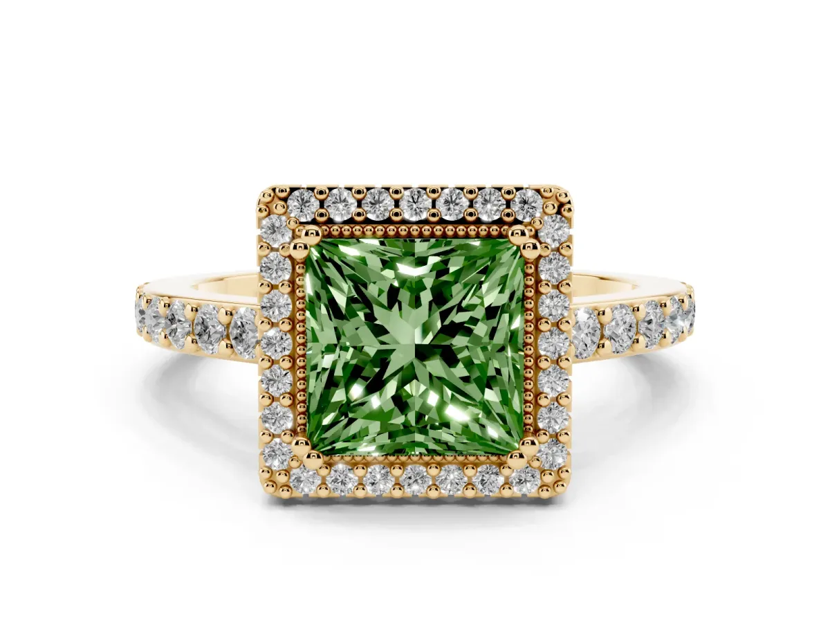 Fancy Green Princess Cut Cut Diamond Halo Engagement Ring with Milgrain Detail and Pavé Band Yellow gold