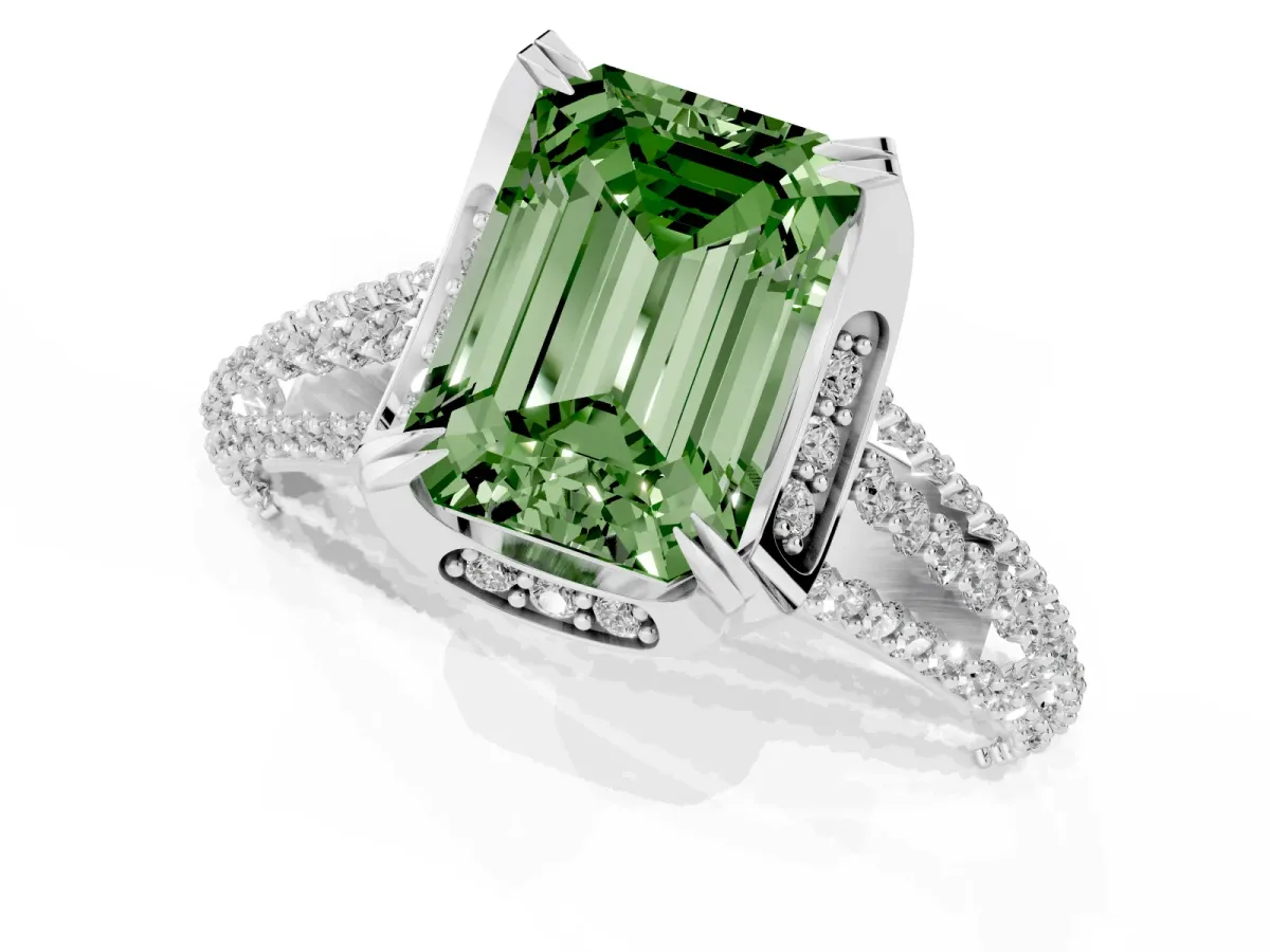 Fancy Green Emerald Cut Solitaire Pave Split Shank Ring with Four-Prong Setting Platinum