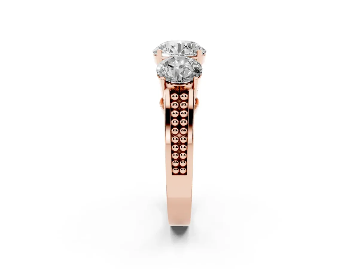 Round Cut Diamond Three-Stone Ring with Prong Setting and Textured Band Rose gold