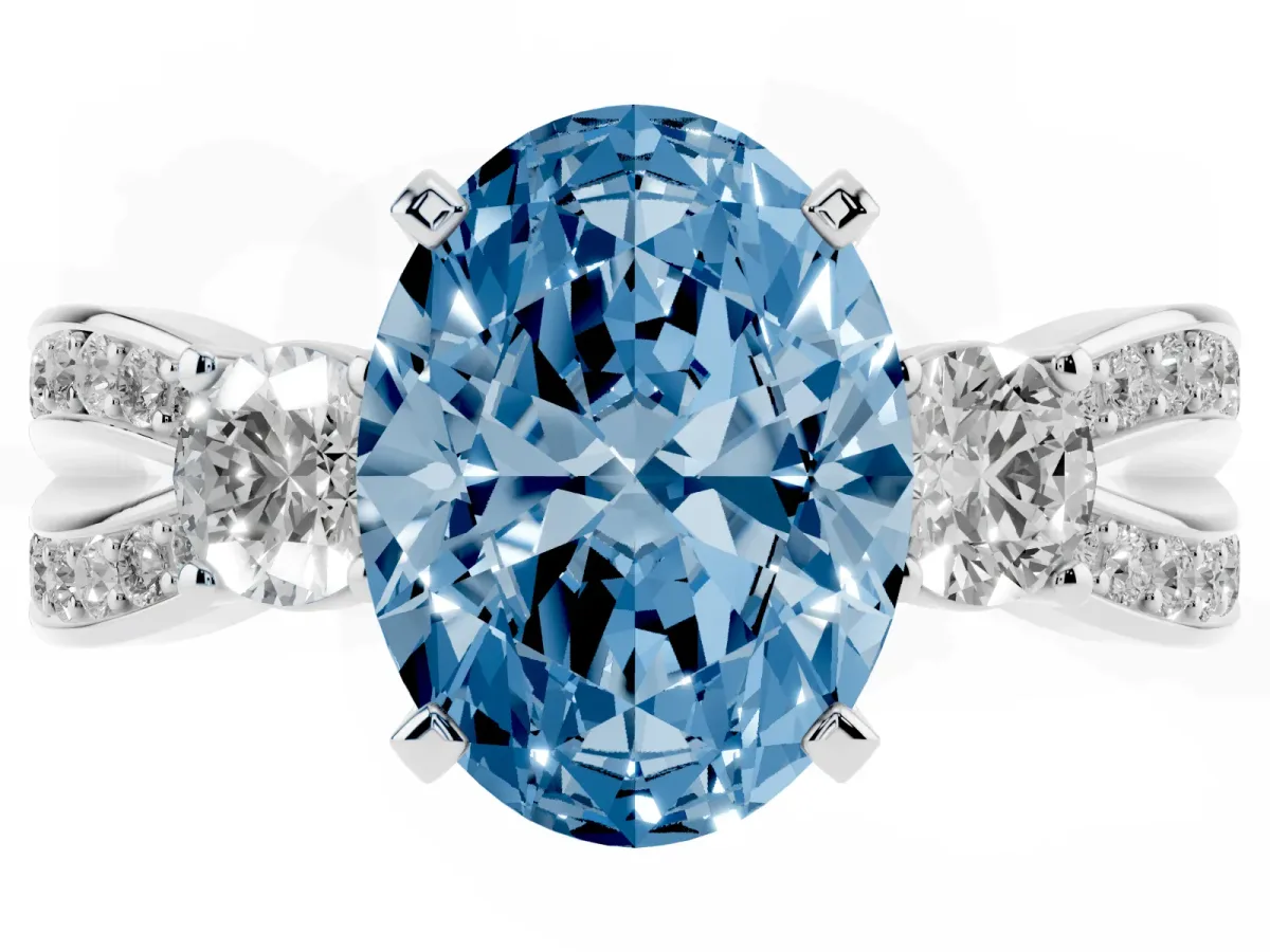 Fancy Blue Three-Stone Oval Cut Cut Diamond Twist Band with Prong Setting Platinum
