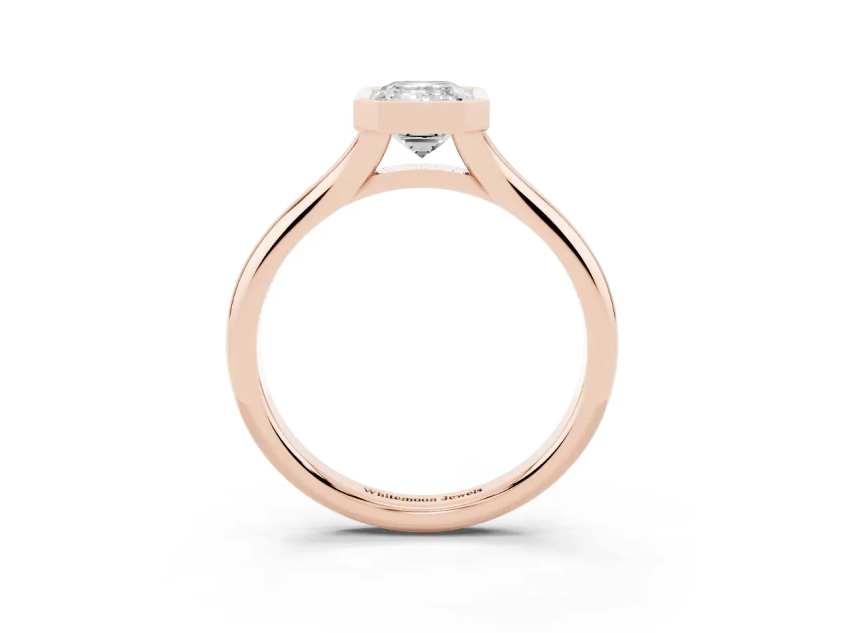Bezel Set Emerald Cut Solitaire Diamond Ring with Smooth Band Rose gold