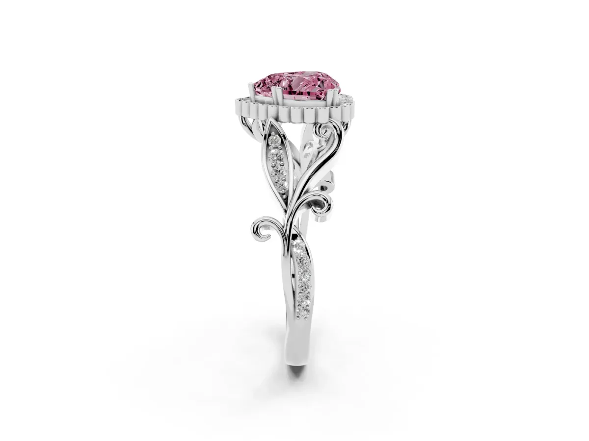 Fancy Pink Heart Cut Diamond Halo Ring with Vintage Split Shank and Four-Prong Setting Silver