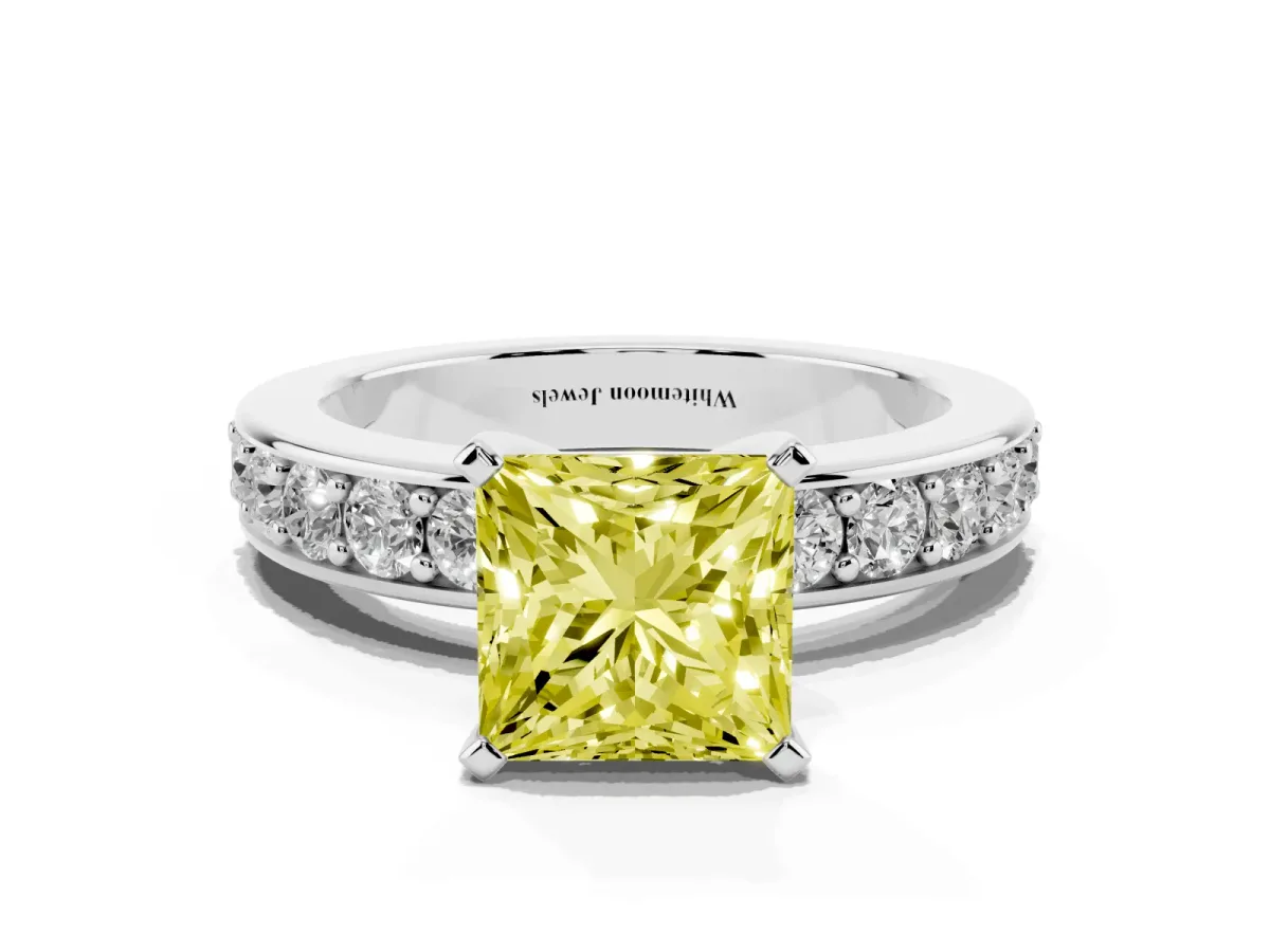 Fancy Yellow Princess Cut Diamond Engagement Ring with Channel Set Round Band and Prong Setting Platinum
