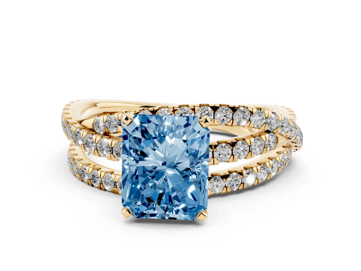 Fancy Blue Radiant Cut Solitaire Twist Band with Pavé Setting and Four-Prong Setting Yellow gold
