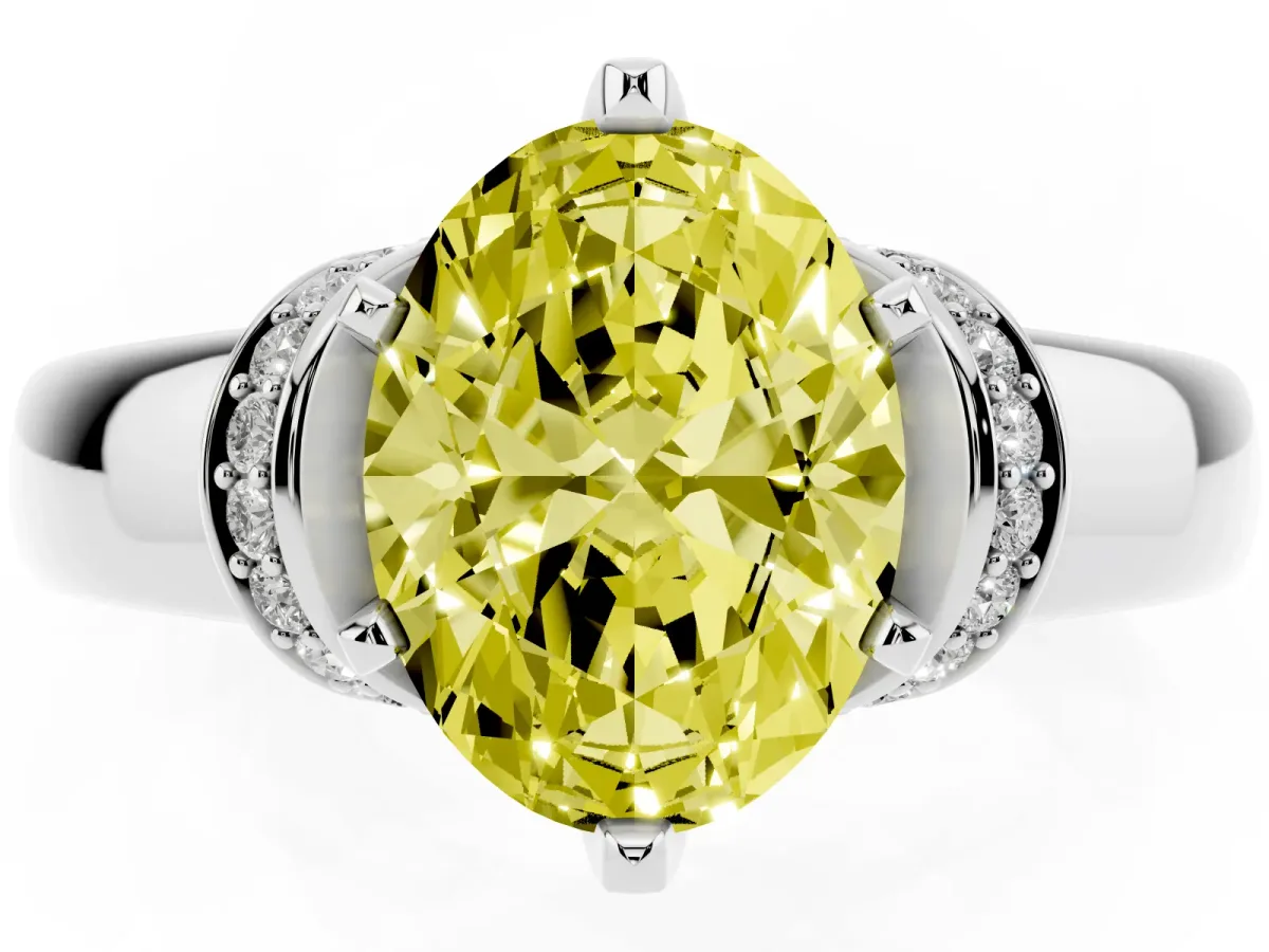 Fancy Yellow Oval Cut Solitaire Diamond Ring with Pave Band and Six-Prong Setting Silver