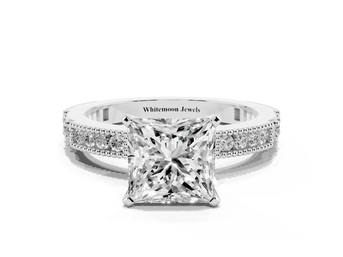 Princess Cut Solitaire with Pavé Band and Four-Prong Setting Silver