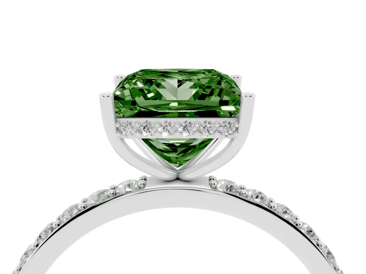 Fancy Green Princess Cut Diamond Solitaire Ring with Pavé Band and Hidden Halo Platinum