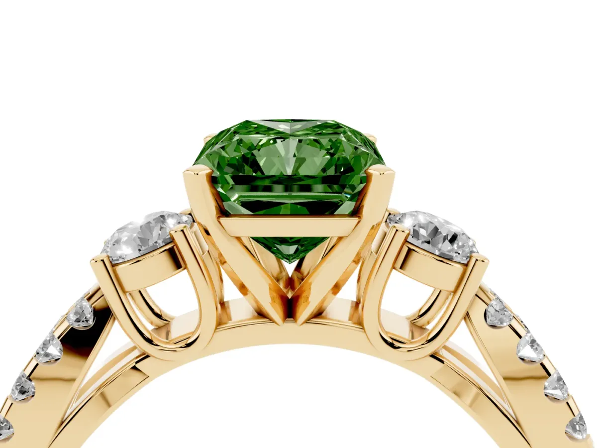 Fancy Green Radiant Cut Diamond Three-Stone Ring with Pavé Split Shank and Four-Prong Setting Yellow gold