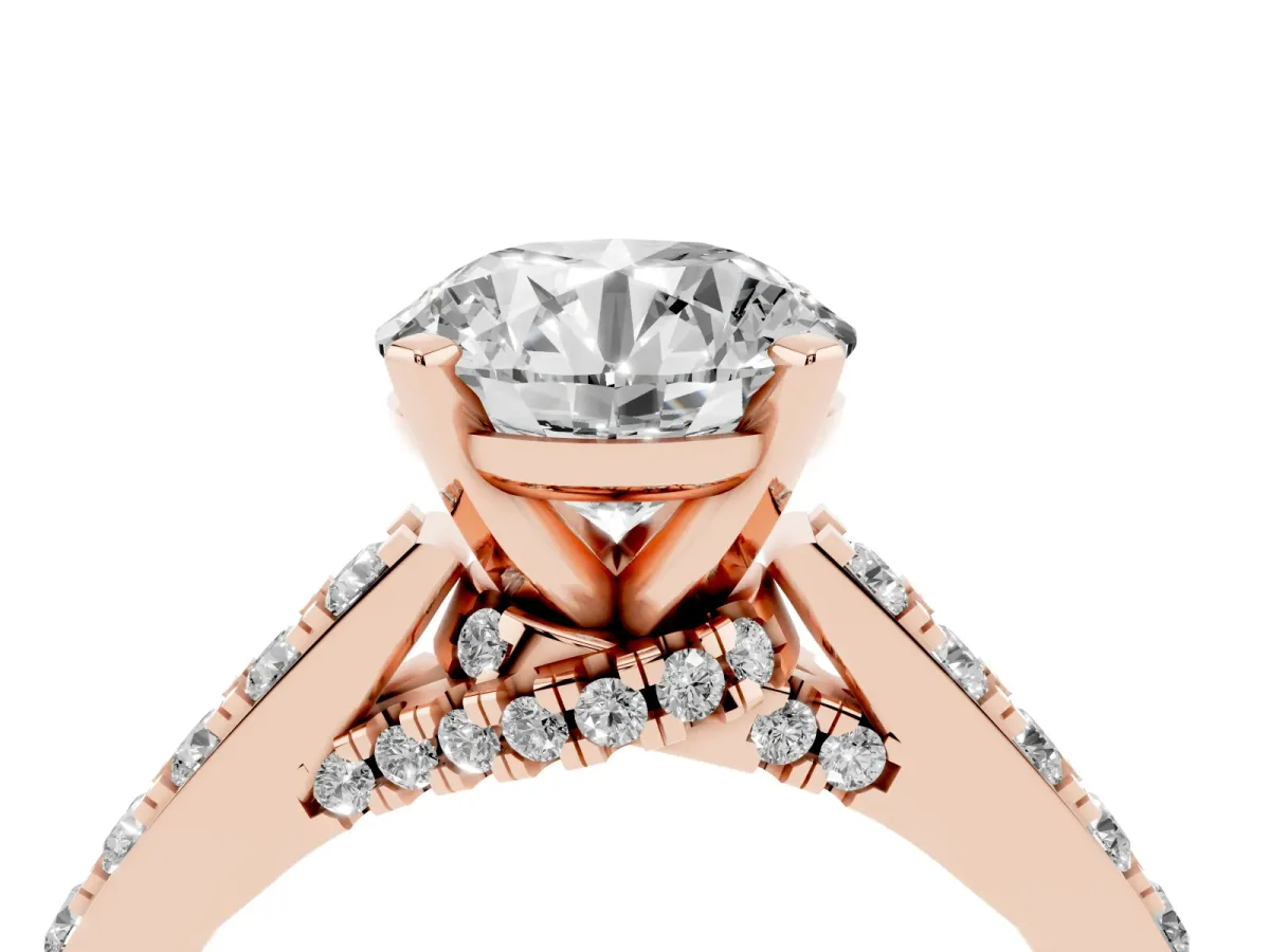 Round Cut Diamond Solitaire Ring with Crossover Gallery and Round Pavé Band Rose gold