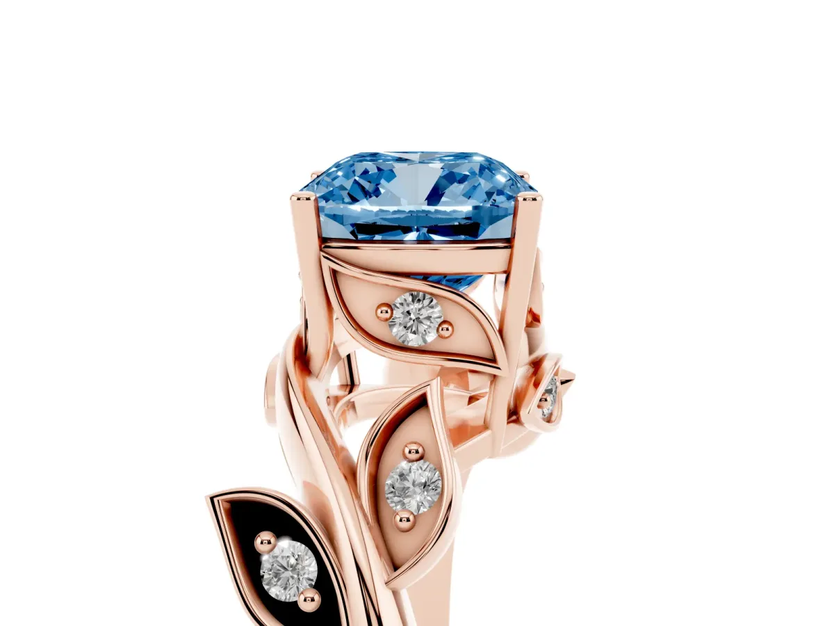 Fancy Blue Cushion Cut Solitaire Twist Engagement Ring with Leaf Accents and Prong Setting Rose gold