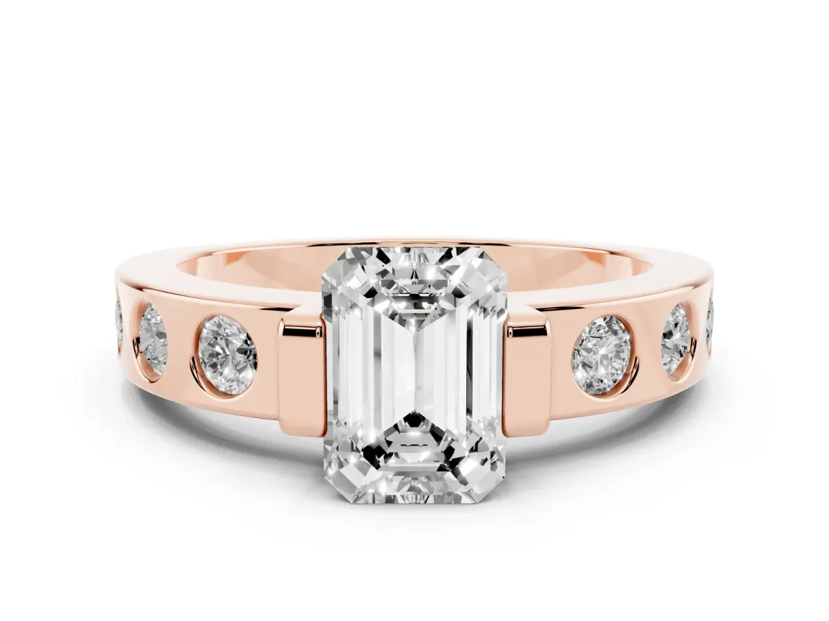 Emerald Cut Brilliant Channel-Set Diamond Ring with Bezel Prong Setting Rose gold