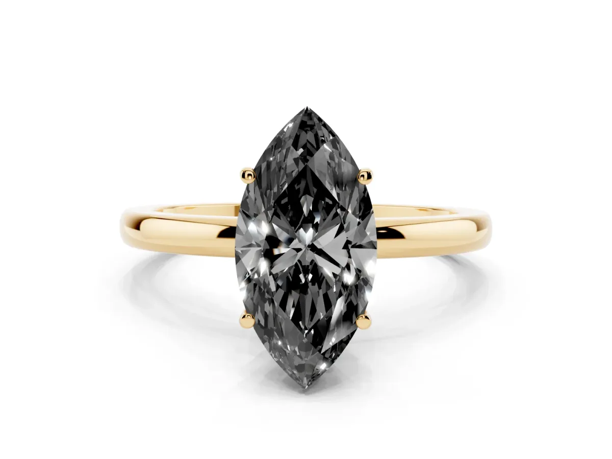Fancy Black Marquise Cut Solitaire Diamond Ring with Prong Setting and Plain Band Yellow gold