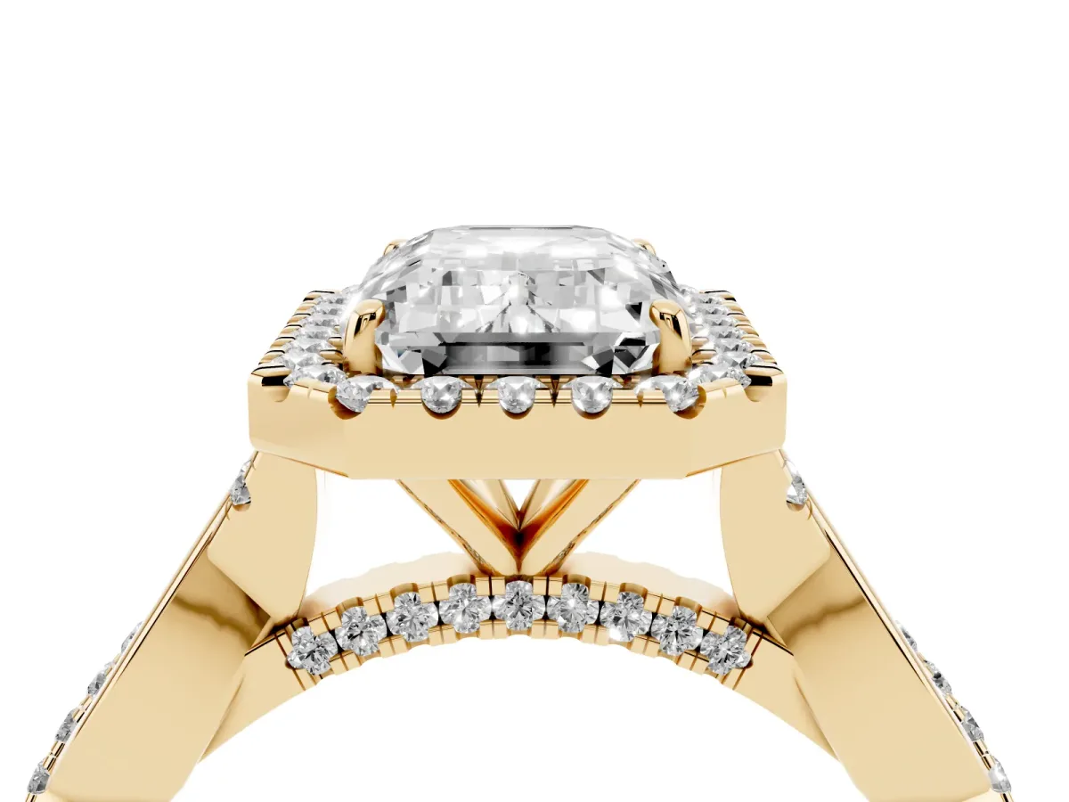 Emerald Cut Halo Twist Band Solitaire Ring Yellow gold