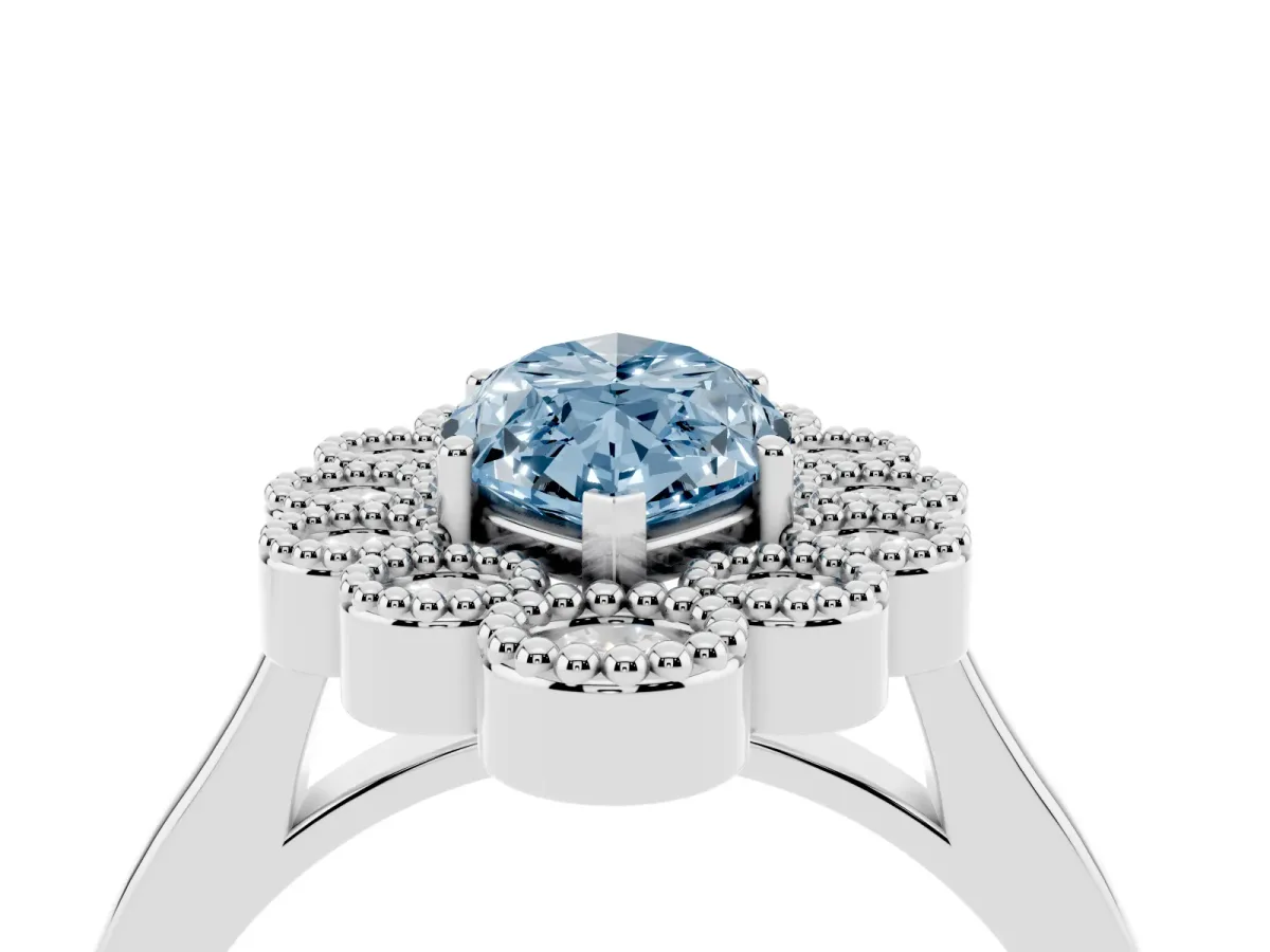 Fancy Blue Marquise Cut Halo Diamond Cluster Engagement Ring with Milgrain Bezel Setting and Solitaire Band Silver