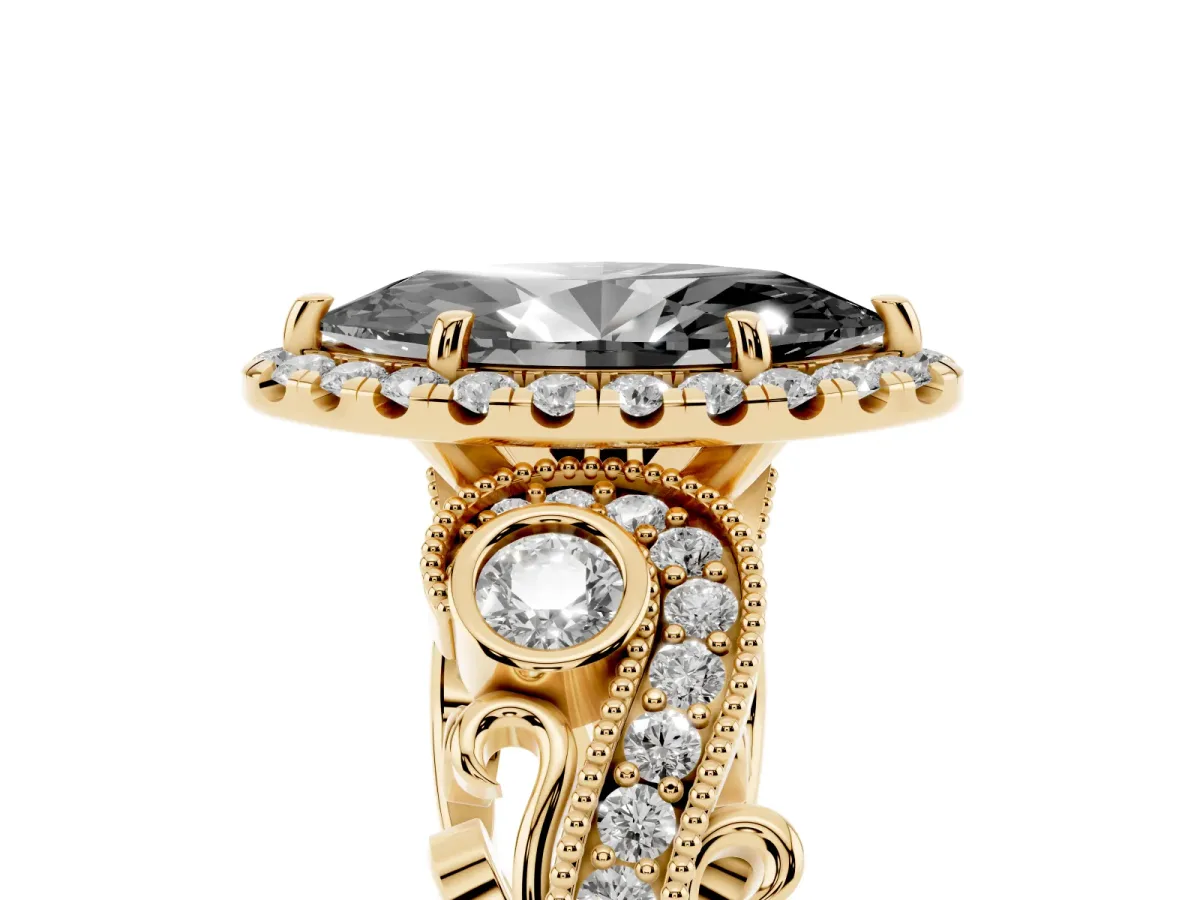 Fancy Black Marquise Cut Halo Diamond Ring with Milgrain and Bezel Accents on a Split Shank Band Yellow gold