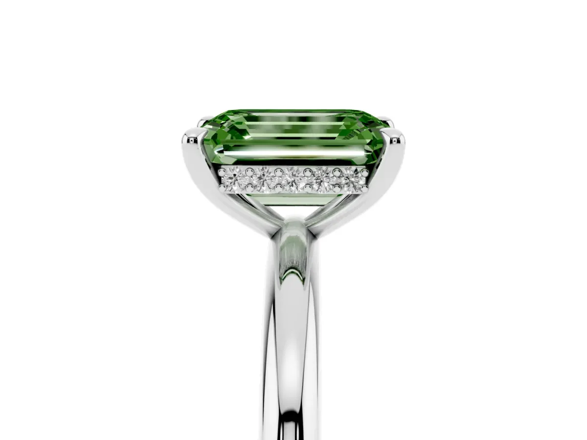 Fancy Green Emerald Cut Diamond Solitaire Ring with Thin Band and Four-Prong Setting Silver