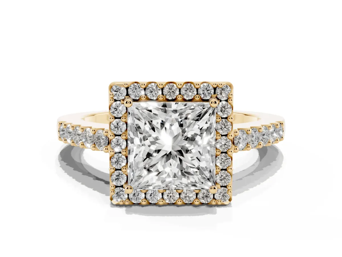 Princess Cut Halo Diamond Pavé Solitaire Ring Yellow gold