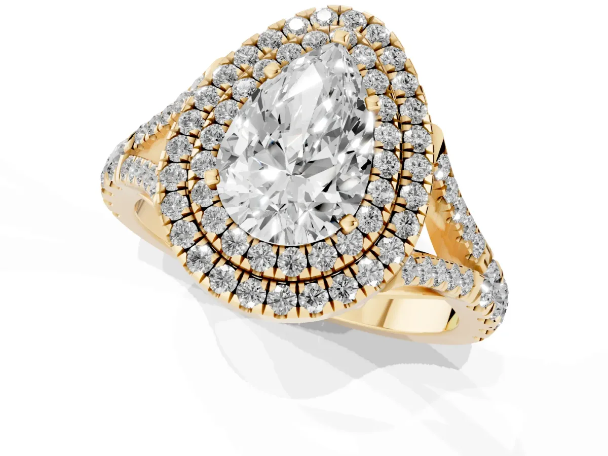 Pear Cut Cut Double Halo Split Shank Diamond Ring with Prong Setting Yellow gold