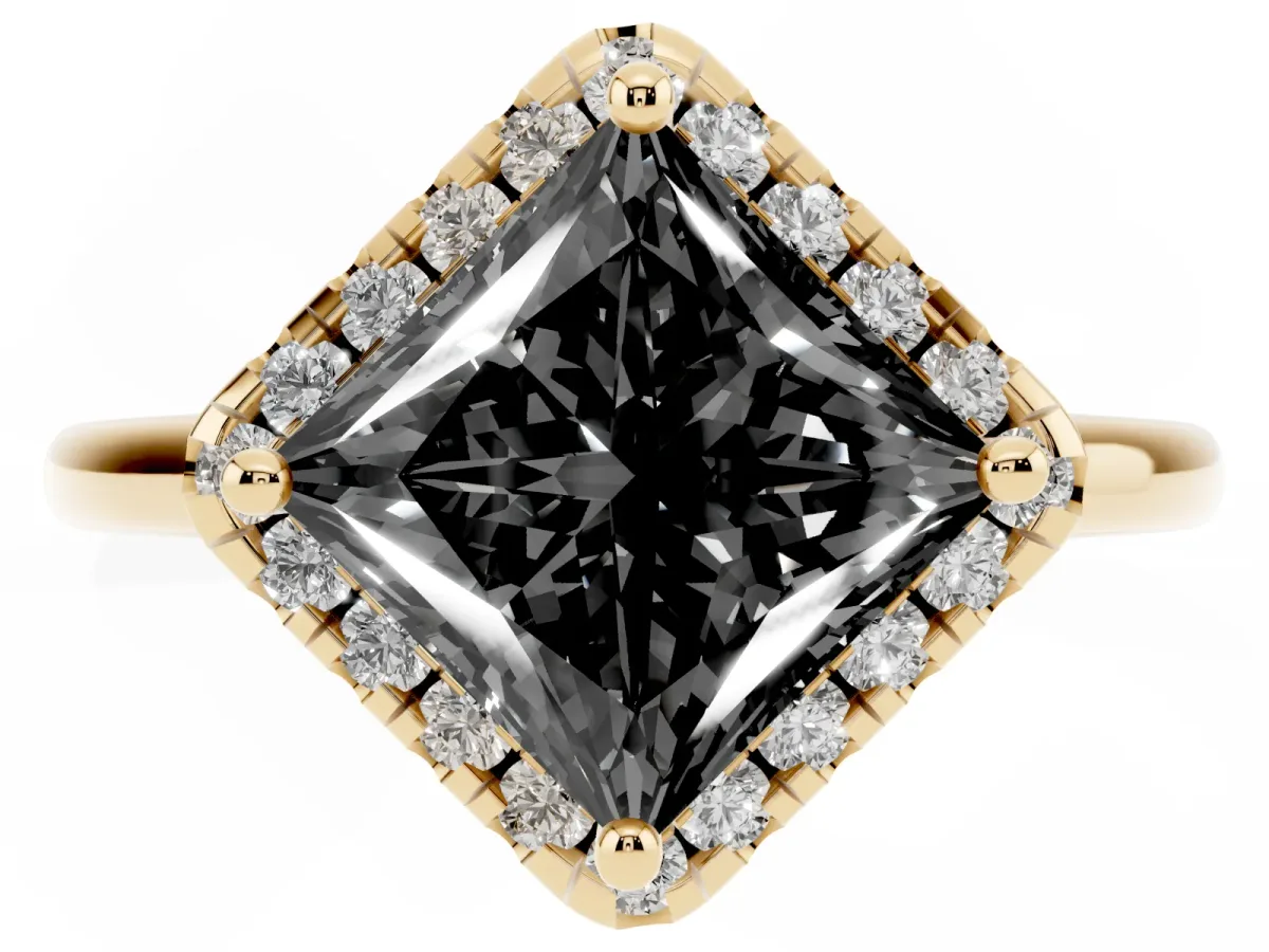 Fancy Black Princess Cut Halo Round Diamond Solitaire Engagement Ring with Pave Band and Four-Prong Setting Yellow gold