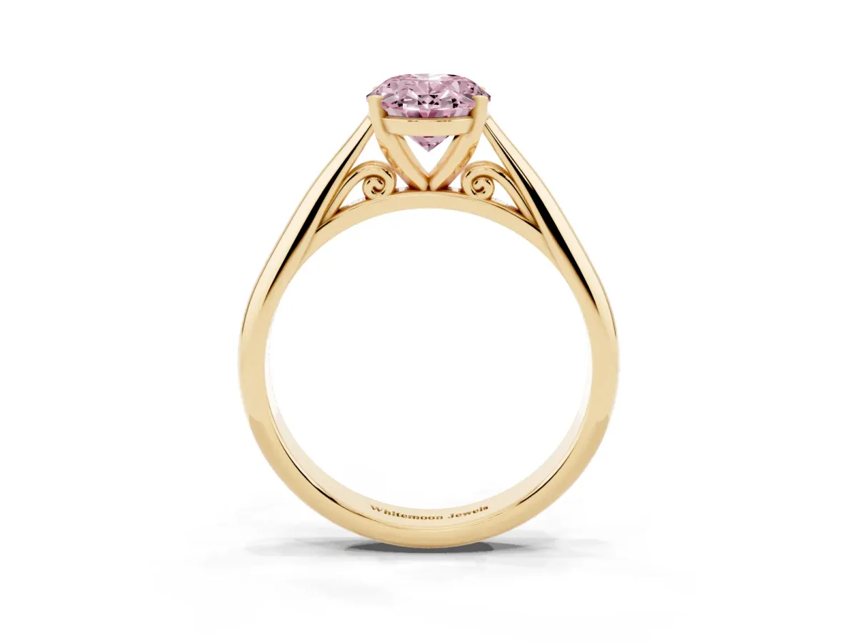 Fancy Pink Oval Cut Diamond Solitaire Engagement Ring with Cathedral Setting and Four-Prong Mount Yellow gold