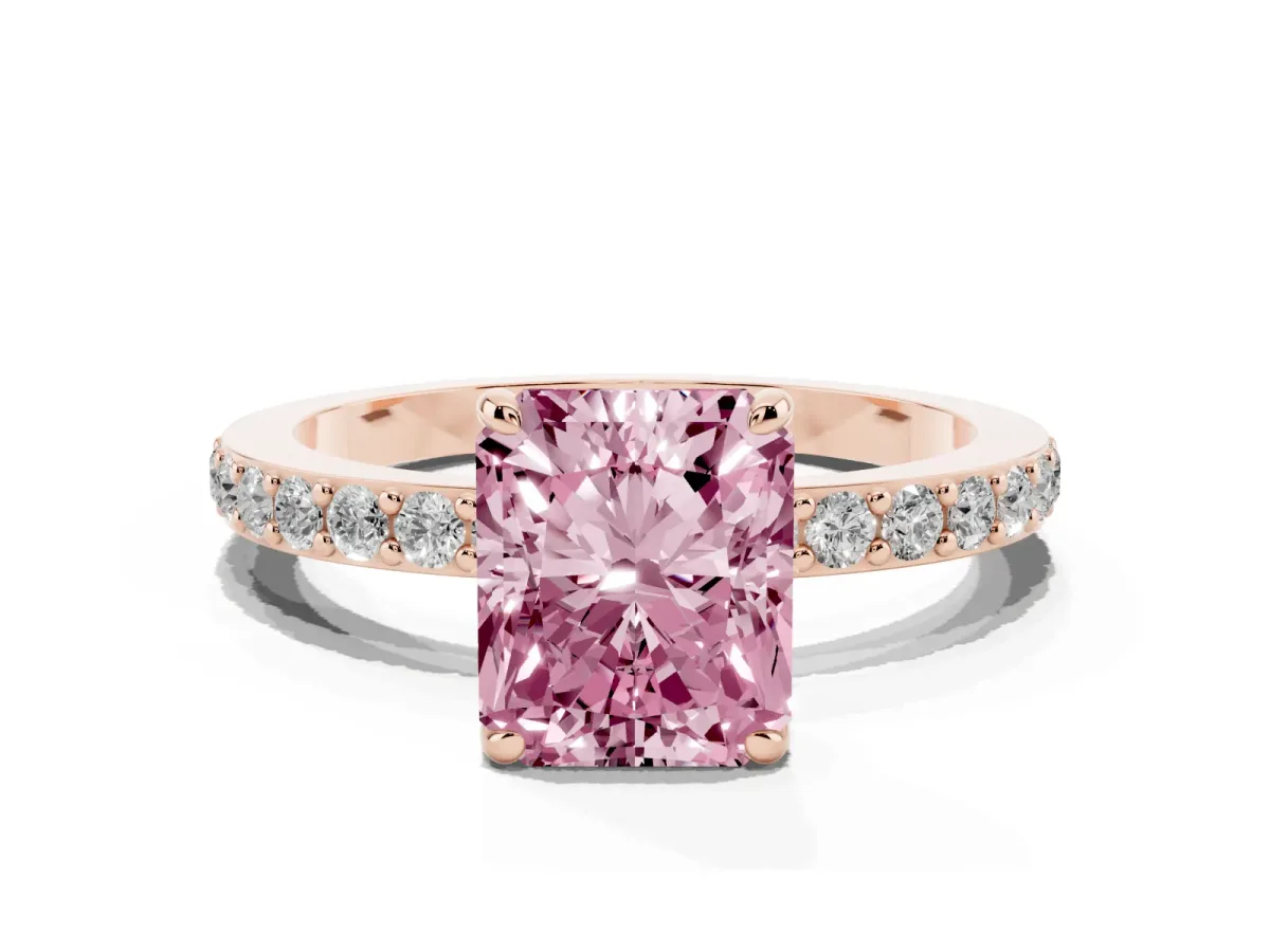 Fancy Pink Radiant Cut Diamond Pavé Engagement Ring with Round Accents and Prong Setting Rose gold