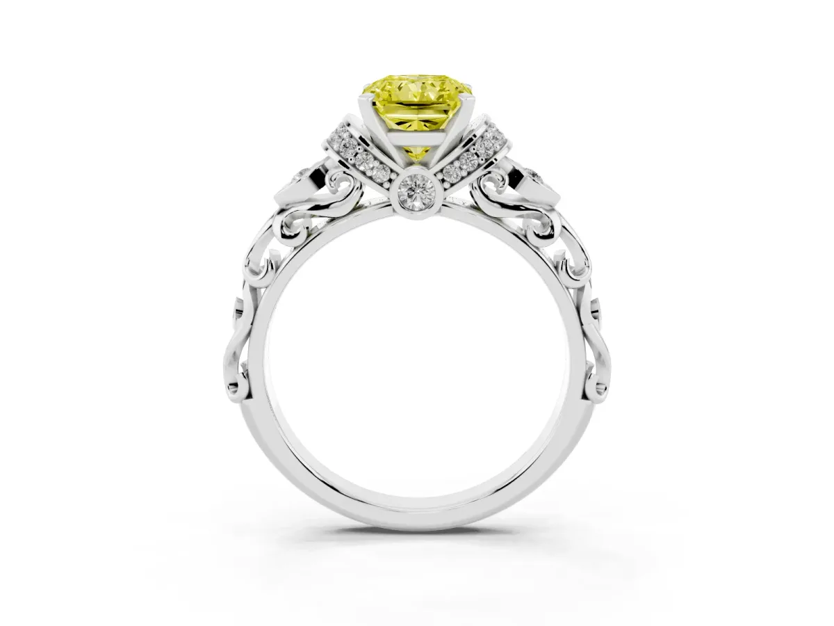 Fancy Yellow Radiant Cut Diamond Solitaire Ring with Filigree Band and Four-Prong Setting Silver