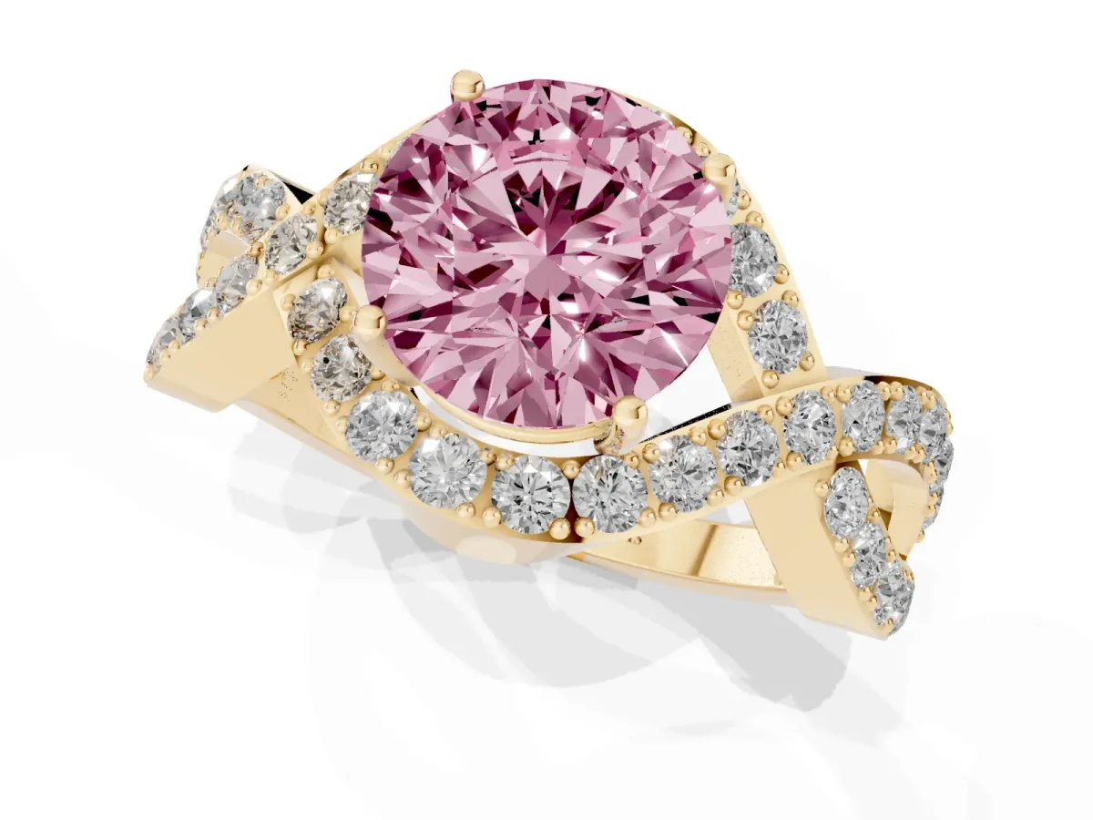 Fancy Pink Round Cut Solitaire Twist Band Pavé Diamond Engagement Ring Yellow gold