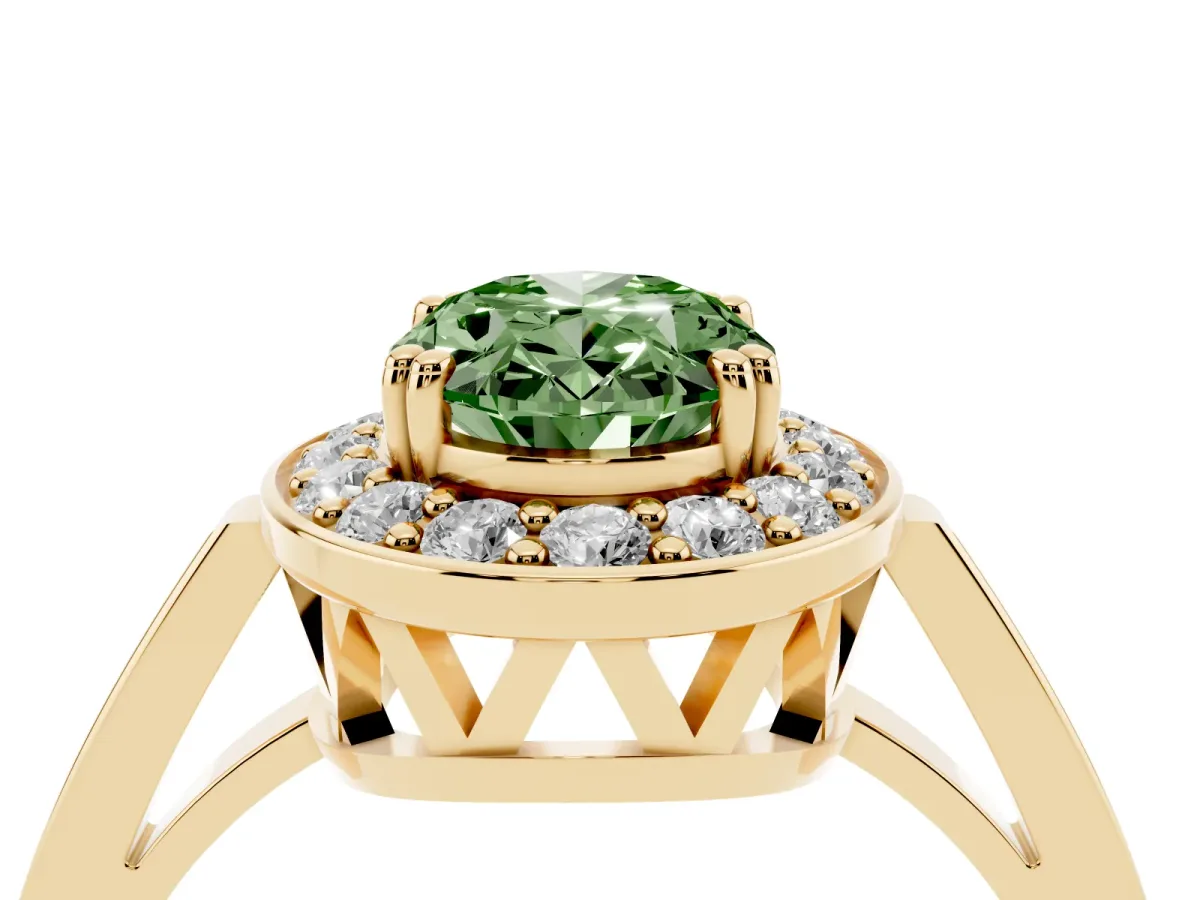 Fancy Green Oval Cut Diamond Halo Ring with Split Shank and Four-Prong Setting Yellow gold