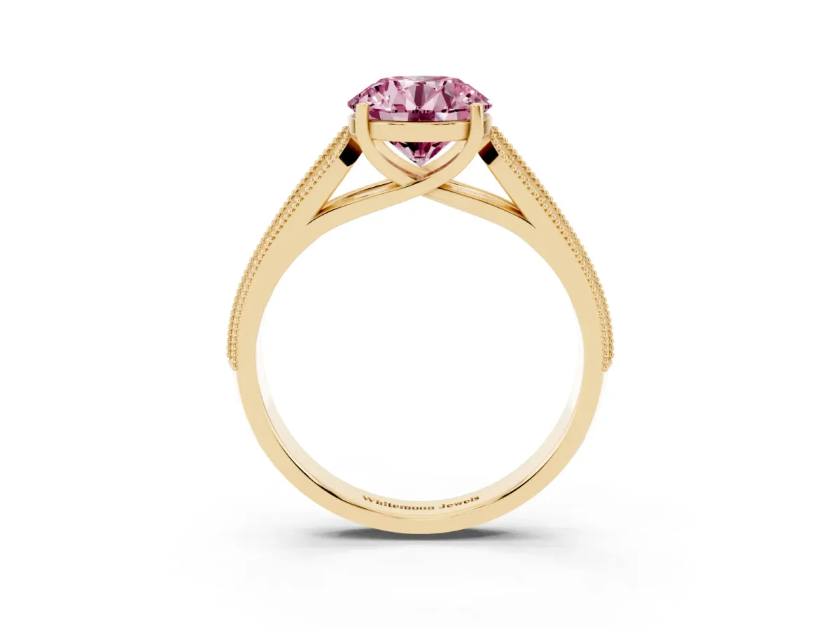 Fancy Pink Round Cut Cut Pave Split Shank Engagement Ring with Four-Prong Setting Yellow gold