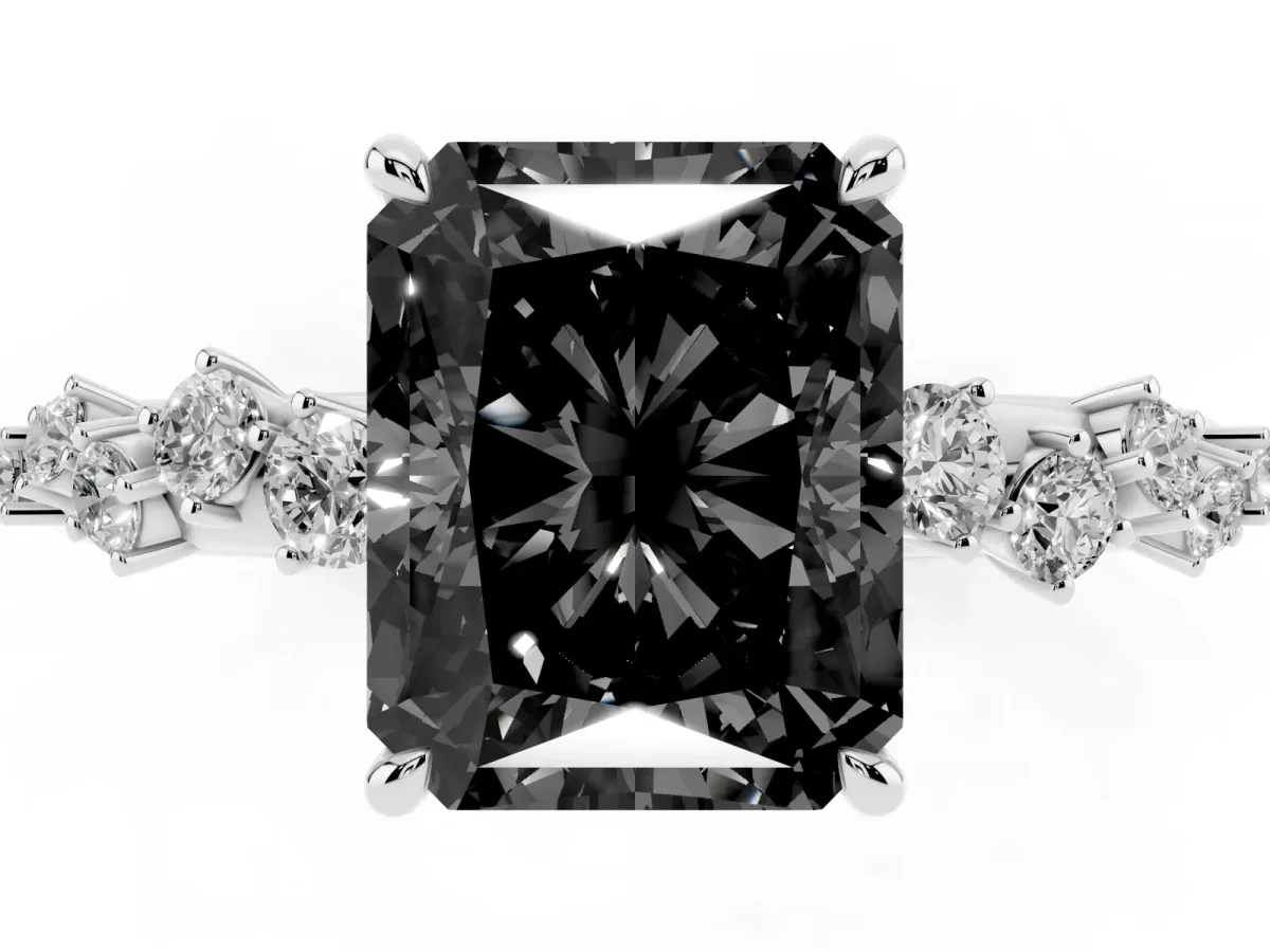 Fancy Black Radiant Cut Diamond Cluster Side Stone Solitaire Ring with Prong Setting Silver