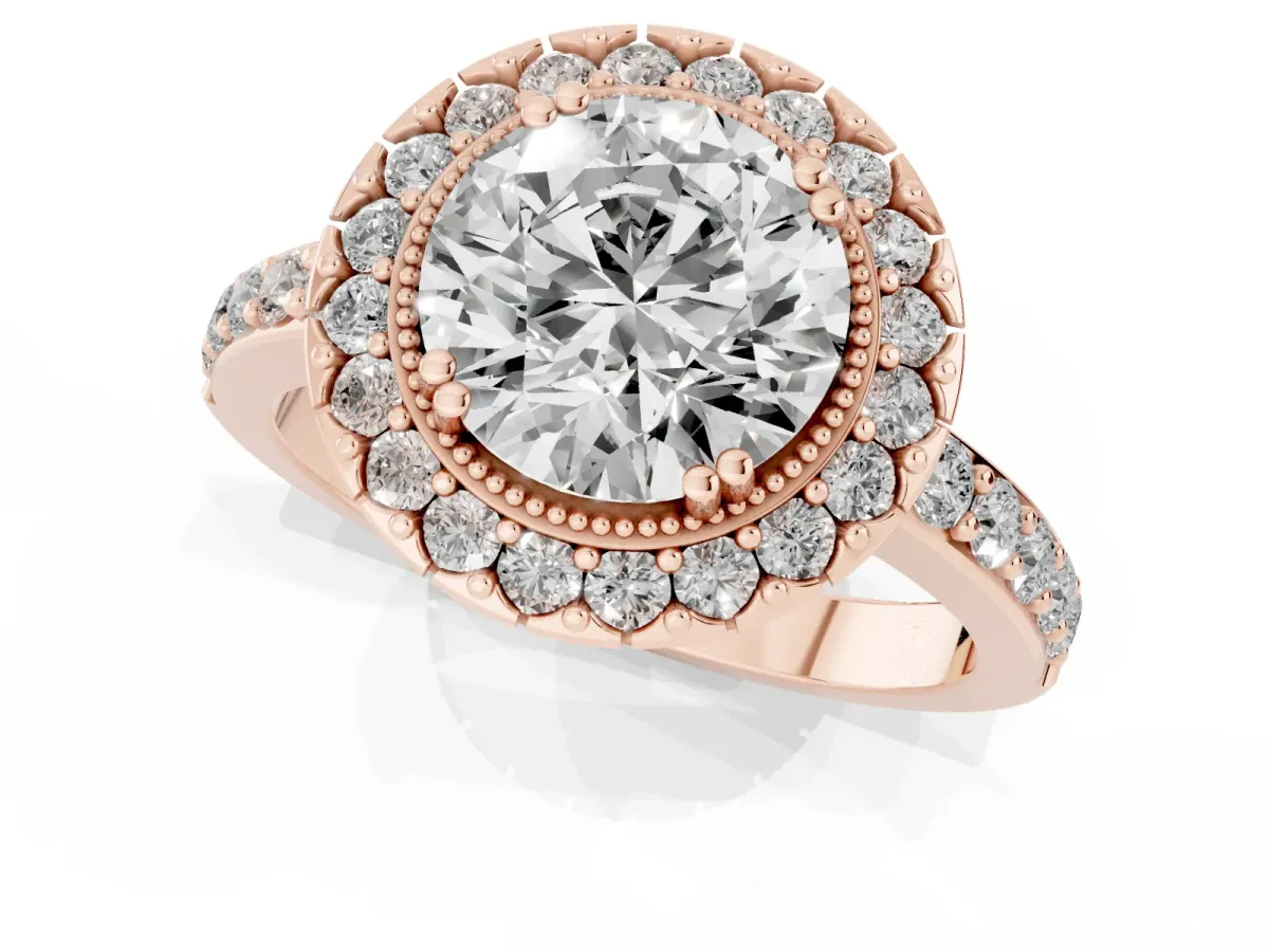 Round Cut Diamond Halo Ring with Pavé Band and Prong Setting Rose gold