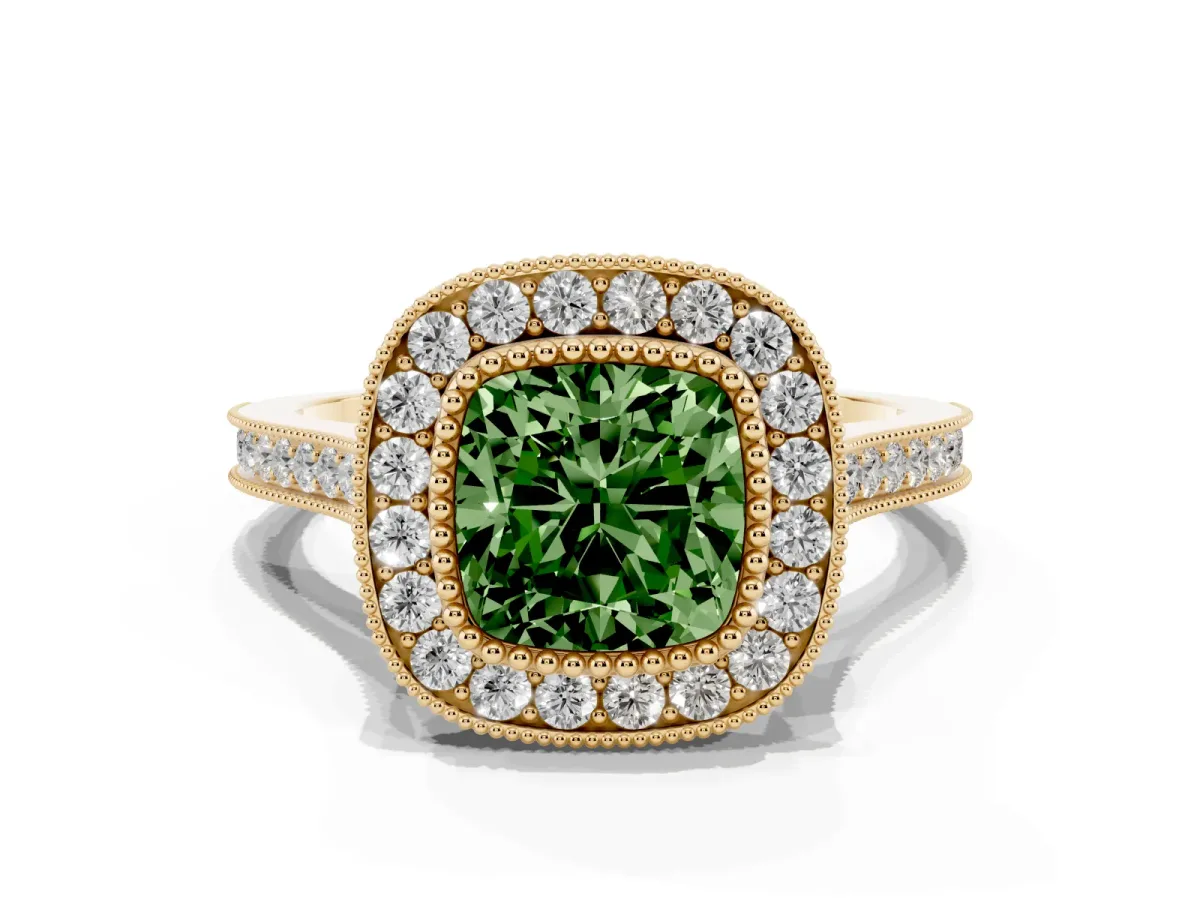 Fancy Green Cushion Cut Diamond Halo Ring with Milgrain Frame and Pavé Band Yellow gold