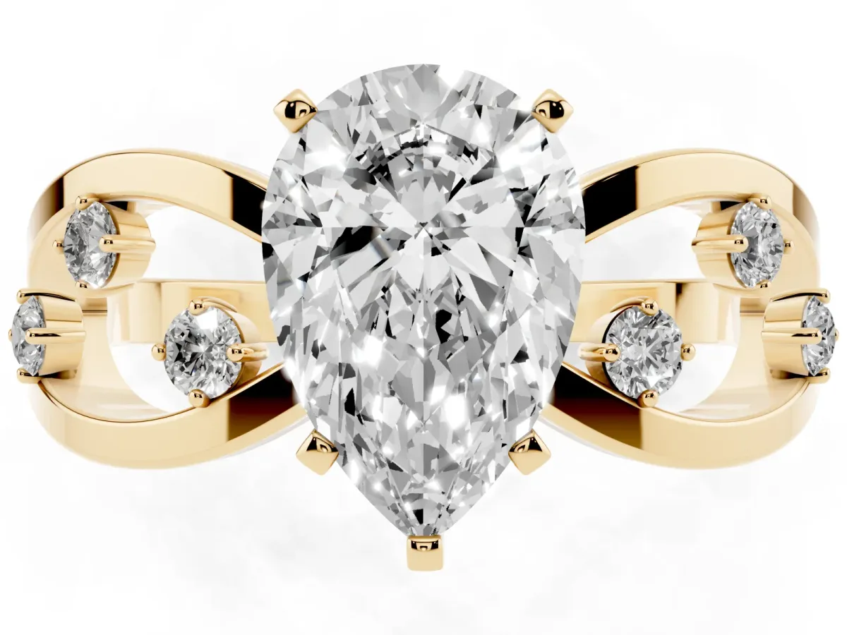 Pear Cut Cut Solitaire Diamond with Side Stones on Criss-Cross Band and Four-Prong Setting Yellow gold