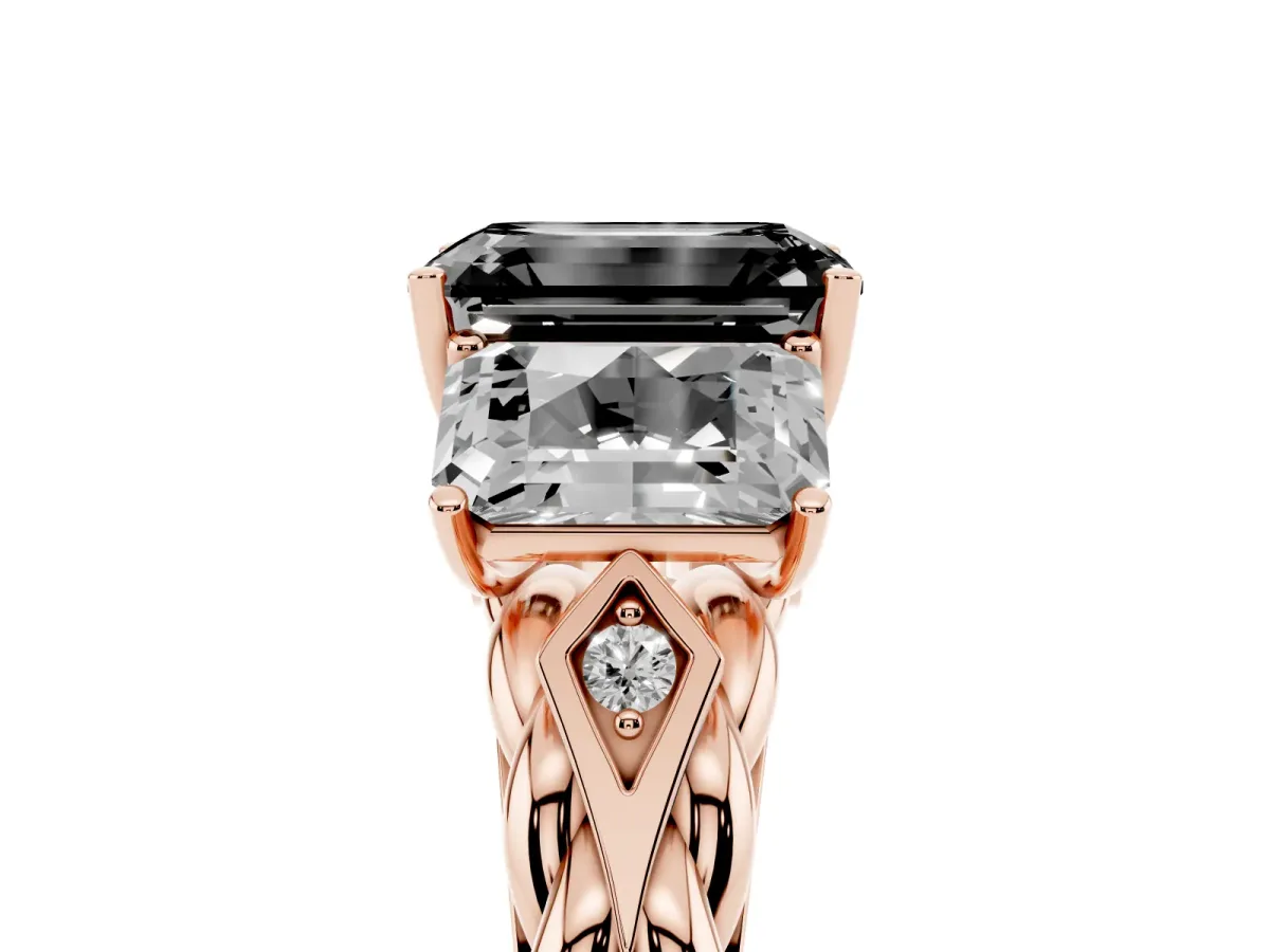 Fancy Black Three-Stone Radiant Cut Diamond Braided Band Ring with Four-Prong Setting Rose gold