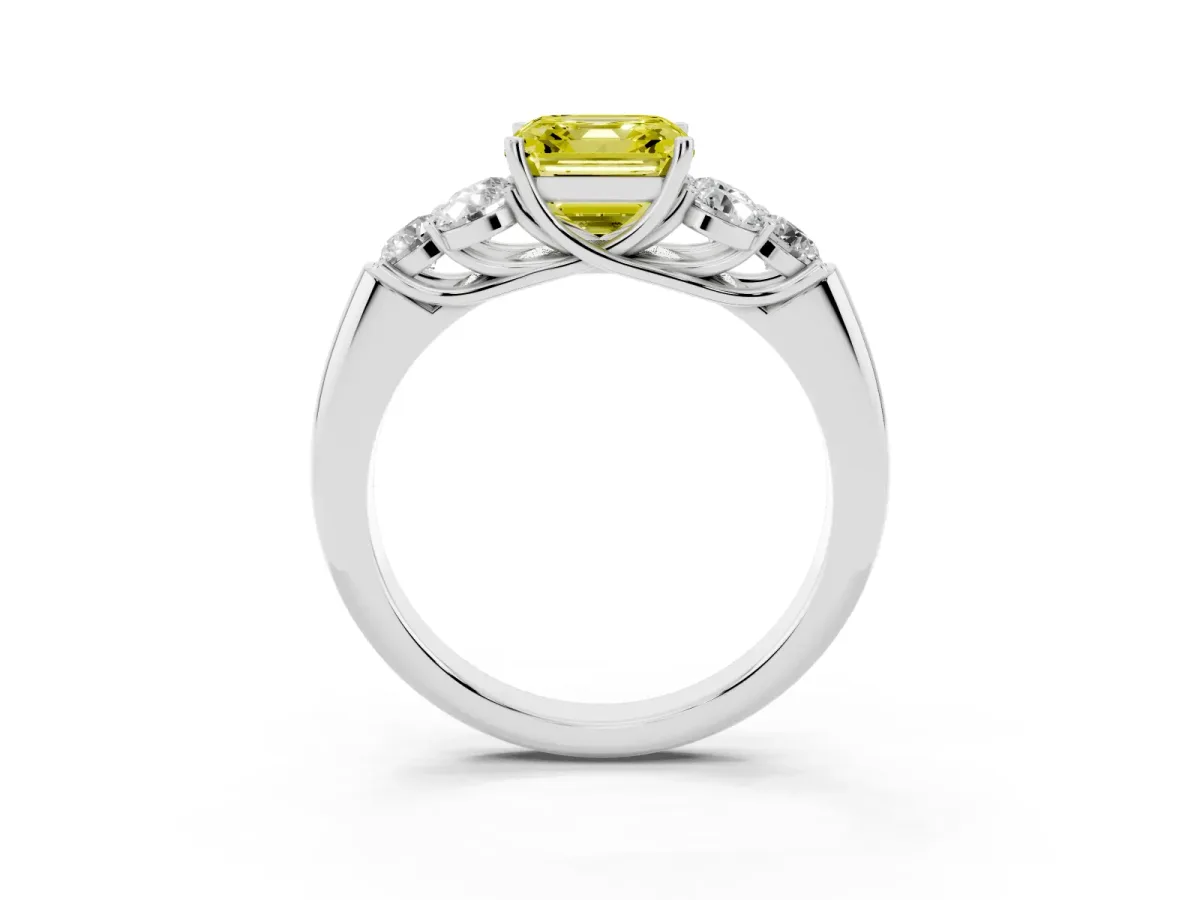 Fancy Yellow Asscher Cut Cut Diamond Cluster Ring with Round Accent Stones and Prong Setting on a Classic Band White gold