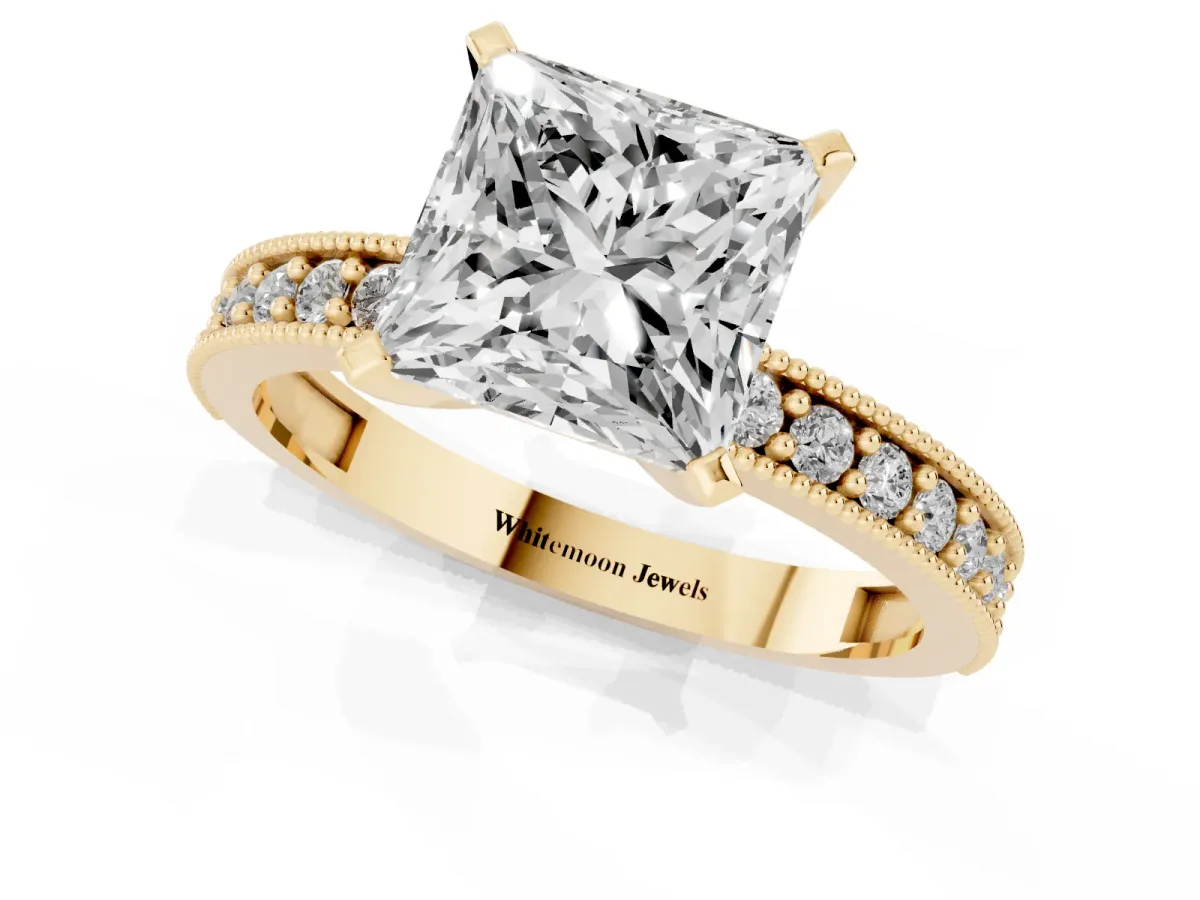 Princess Cut Diamond Milgrain Pavé Engagement Ring with Four-Prong Setting Yellow gold