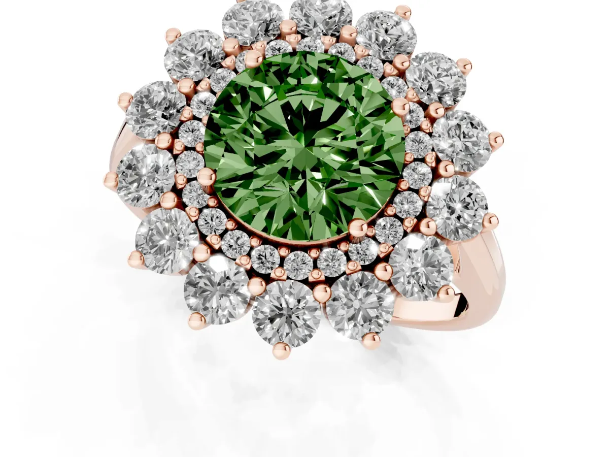 Fancy Green Round Cut Diamond Floral Double Halo Engagement Ring with Prong Setting Rose gold