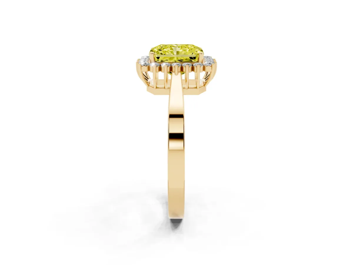 Fancy Yellow Radiant Cut Cut Diamond Halo Ring with Round Brilliant Halo and Solitaire Band Yellow gold