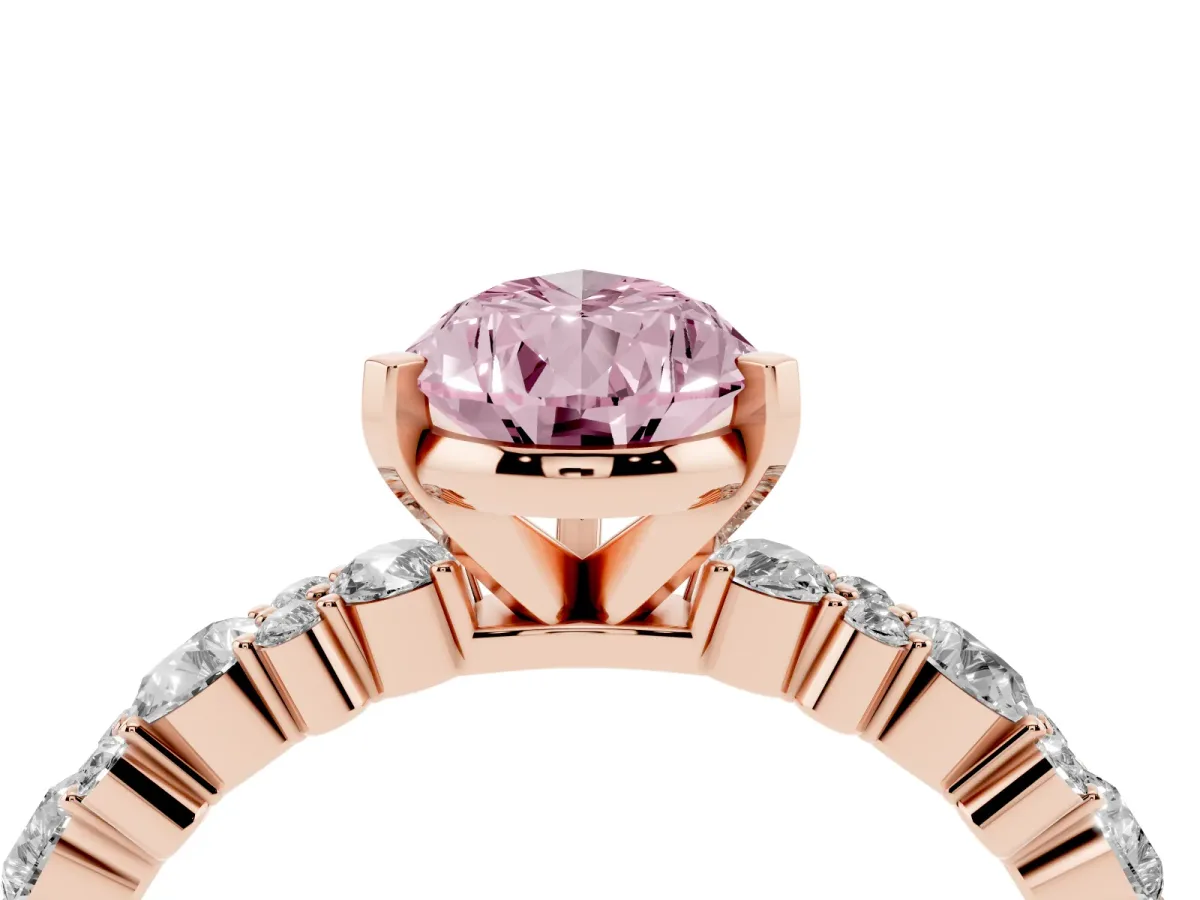 Fancy Pink Pear Cut Diamond Side Stone Solitaire Ring with Round and Four-Prong Setting Rose gold