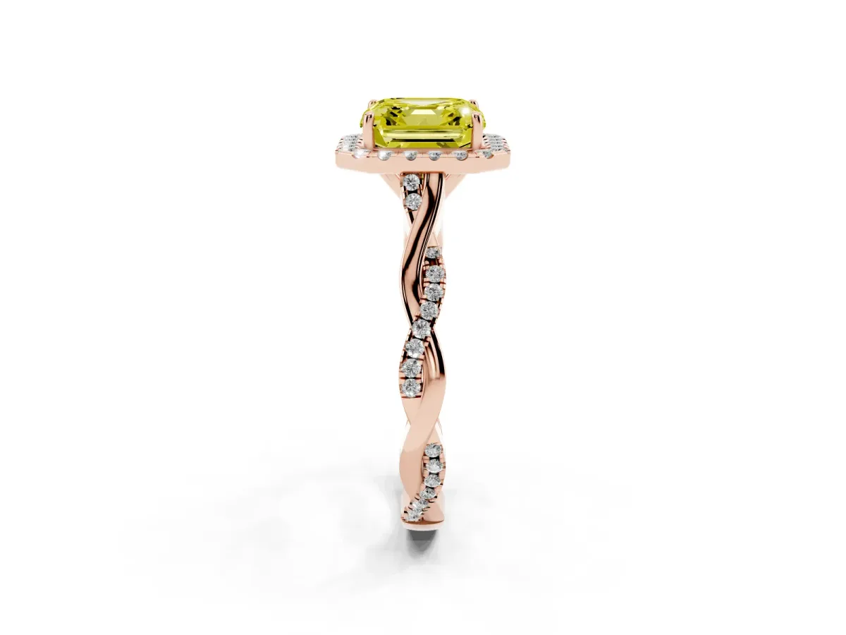 Fancy Yellow Asscher Cut Halo Twist Band Solitaire Ring Rose gold