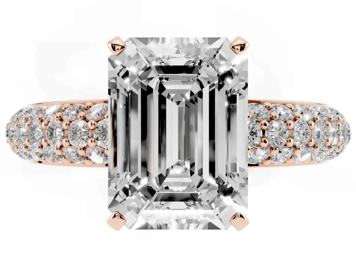 Emerald Cut Diamond Solitaire Ring with Prong Setting and Pavé Band Rose gold