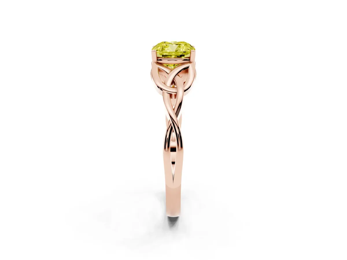 Fancy Yellow Cushion Cut Diamond Solitaire Engagement Ring with Celtic Knot Band and Four-Prong Setting Rose gold